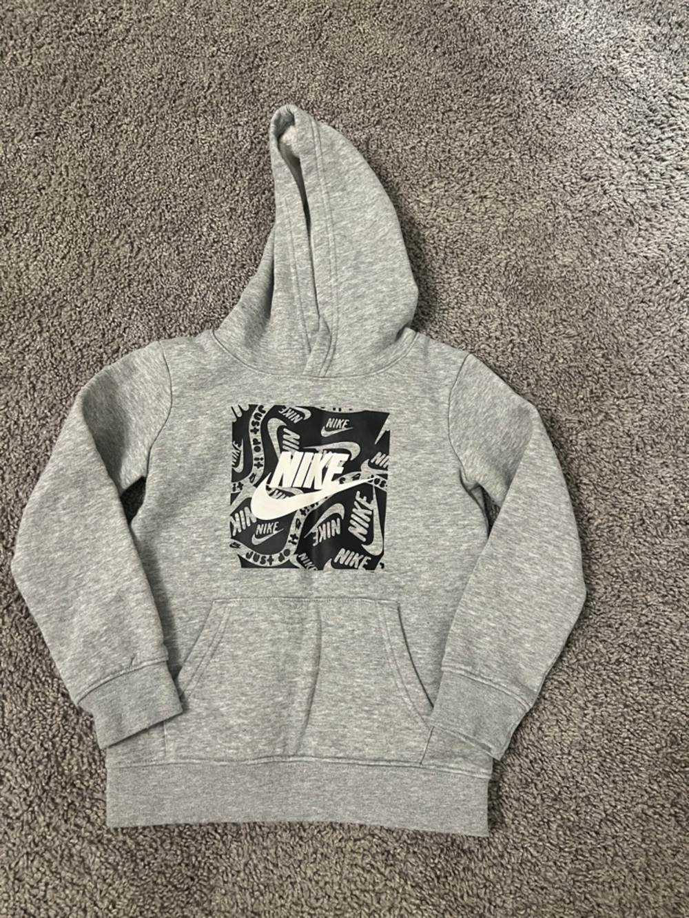 Nike Kids Light Gray Pullover Hoodie with Black Logo Panel